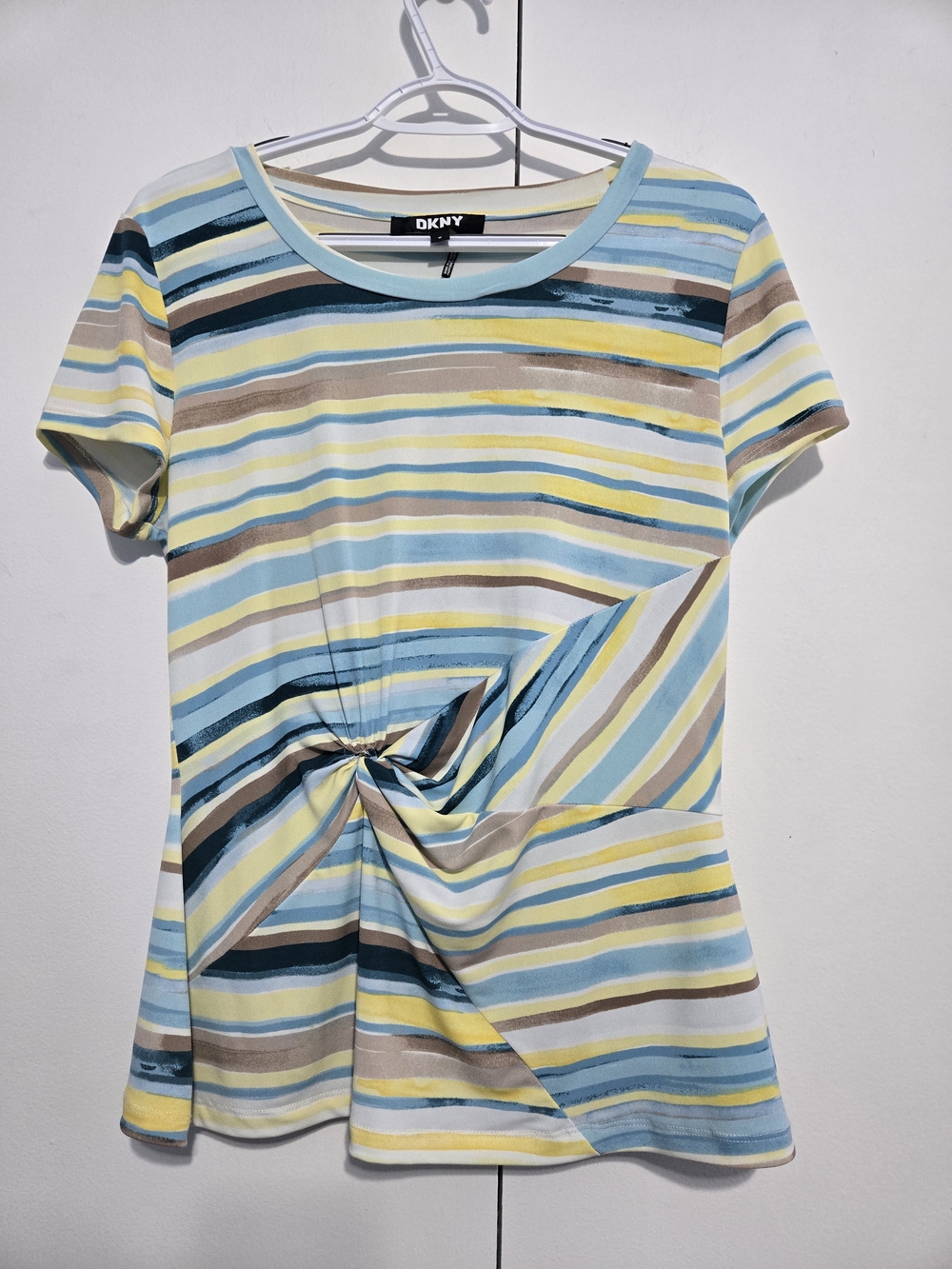 DKNY Striped Twist Front Top Medium Blue Yellow Short Sleeve‎